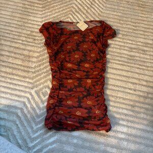 Free People Floral Ruched Mesh Top NWT